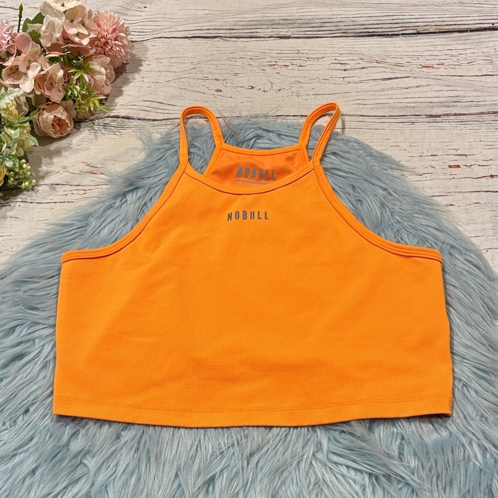NOBULL Women's Ribbed Halter Crop Tank in bright orange